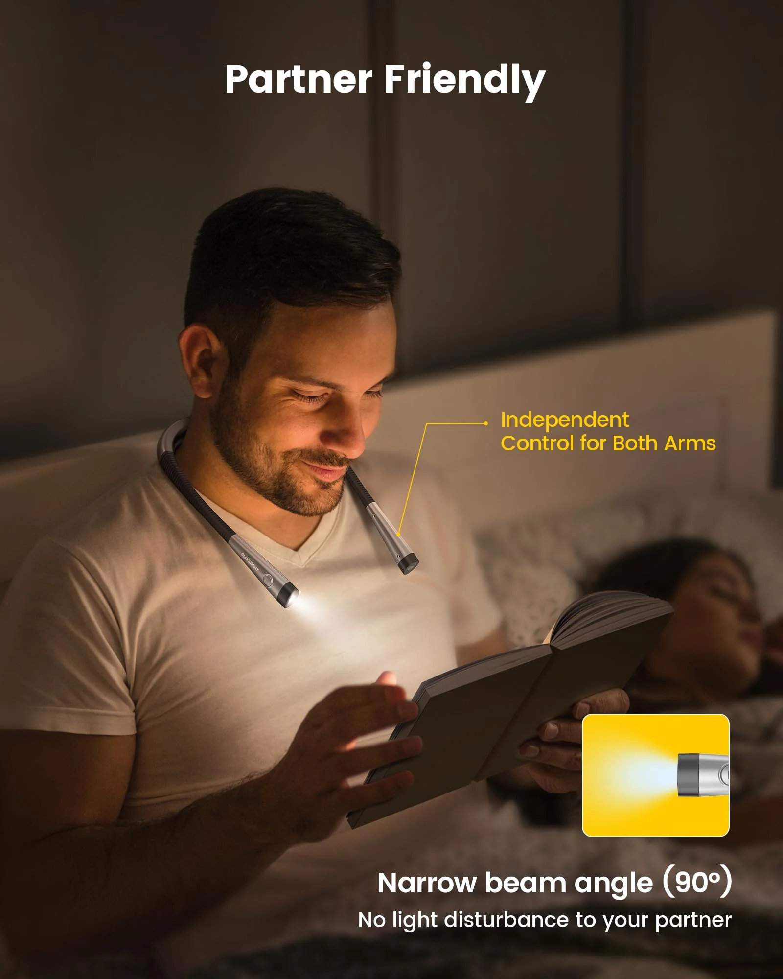 Glocusent LED Neck Reading Light, Book Light for Reading in Bed, 3 Colors, 6 Brightness Levels, Bendable Arms, Rechargeable, Long Lasting, Perfect for Reading, Knitting, Camping, Repairing - Image 2