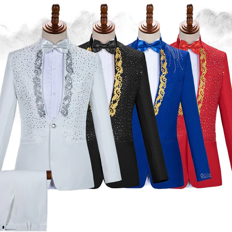 Gold Embroidery Suit Men Stand Collar Diamond Mens Blazer with Pants Wedding Groom Tuxedo Suits Stage Singer Party Costume Homme - Image 13
