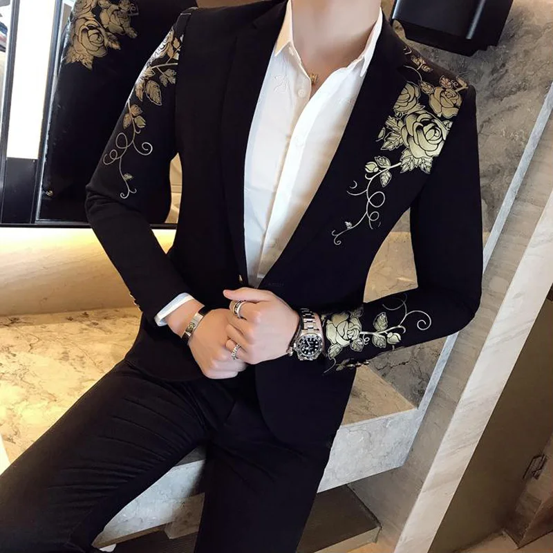 Gold Flower Print One Button Blazer Jacket Men 2023 Brand New Party Wedding Festival Stylish Slim Suit Blazer Men Costume Homme - Image 6