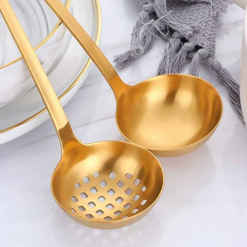 Gold Soup Ladle Colander Set, Long Handle Stainless Steel Kitchenware Cookware Serving Spoon, For Cooking Utensil(4 PCS) - Image 4
