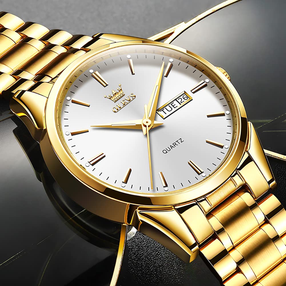 Gold Steel Watches for Men,Date Day Man Watch,Gold Men Watch White,Gold Waterproof Watch Men,Dress Watch for Men,Fashion Gold Wrist Watch for Men,Men Watches Luxury,Luminous Male Watch,OLEVS Watch Men - Image 3