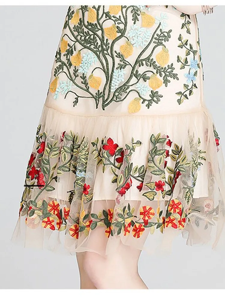Gorgeous Flower Embroidery Hollow Out Slim Ruffles Dress Women Elegant Butterfly Sleeve O-Neck Party Summer Dress Mesh Vestidos - Image 6