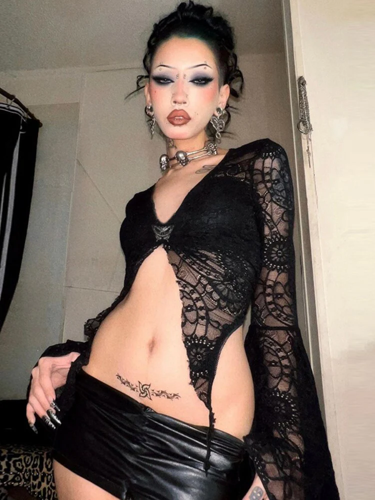 Goth Dark Butterfly Sexy Bodycon Fit Irregular Hem Crop Tops Gothic Style Flared Sleeve Open Navel Lace Y2k Tops Vintage Clothes - Image 2