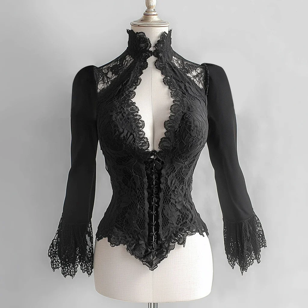 Goth Y2k Top Women Girls Black Slim Fit Elegant Court Lace See-Through Stand Collar Cut Out Flare Sleeve Shirt Female Blouse