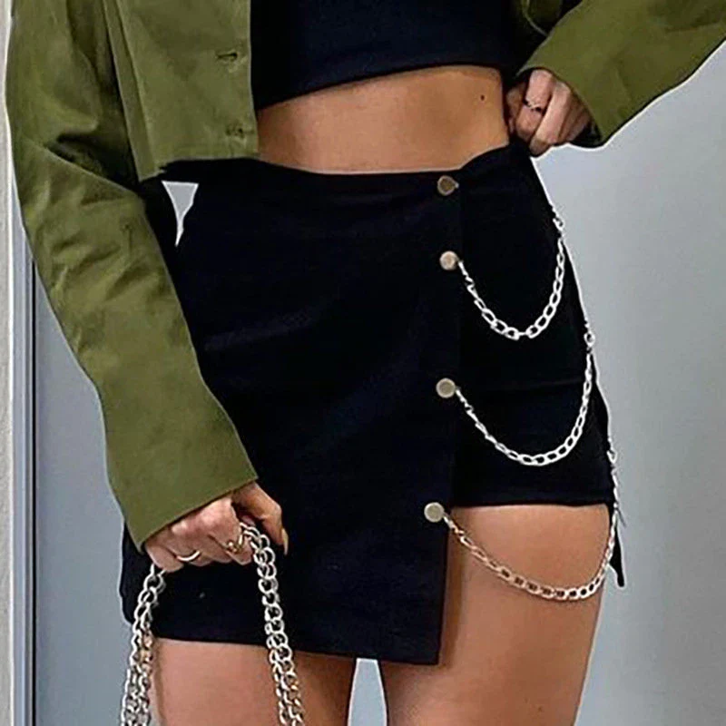 Gothic Skirt Irregular Chain Mini Skirt Woman Fashion Y2k Clothes Autumn Winter Streetwear Solid High Waist Black Skirt - Image 4