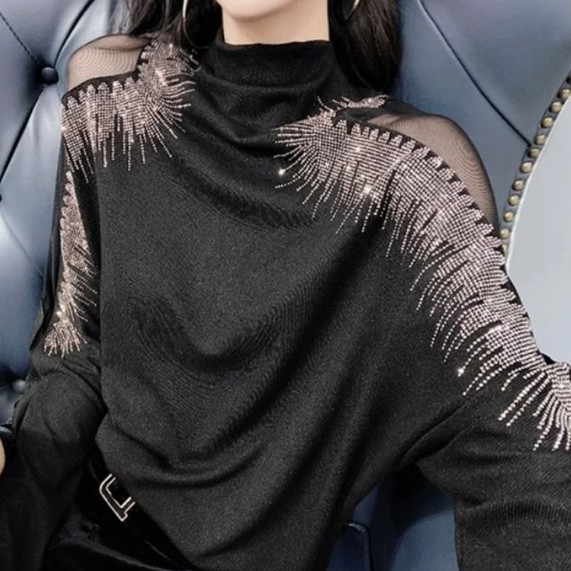 Graphic Turtlenecks Korean Fashion Pullover Clothes Top Women's Tshirt Clothing Rhinestone T Shirts for Women Streetwear Sequin - Image 6