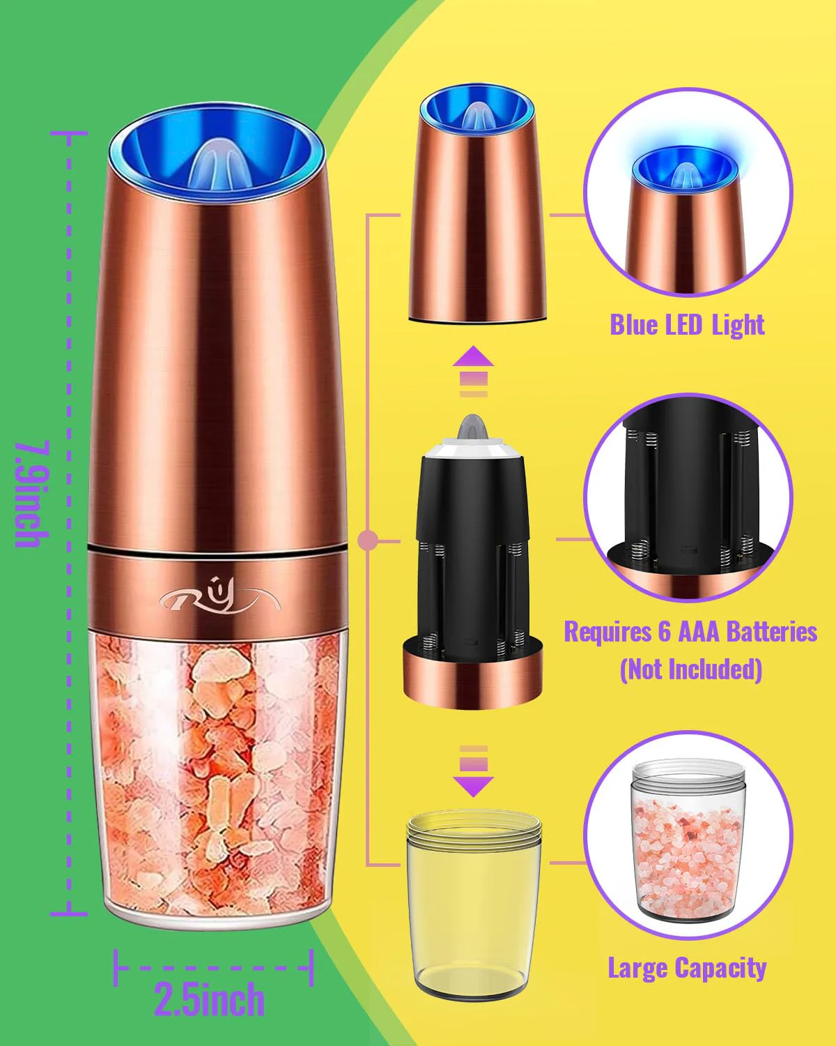 Gravity Salt and Pepper Grinder Set, Ceramic Rotor, Stainless Steel,Blue LED Light,Battery Powered, Adjustable Coarseness, Support One Hand Use, Ideal partner for kitchens, Copper, By Rongyuxuan - Image 3