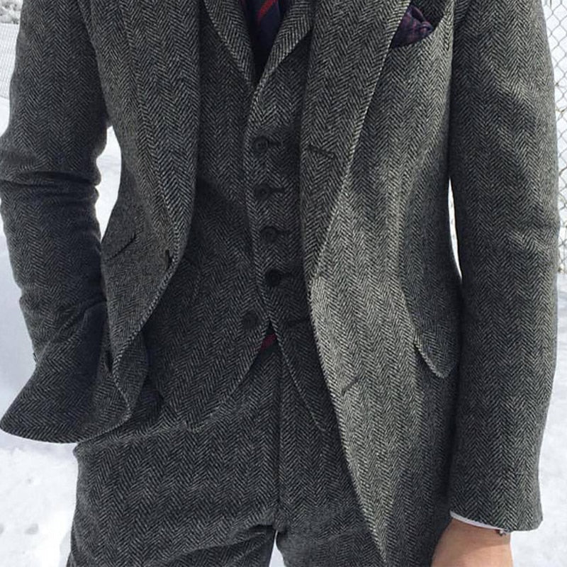 Gray Wool Tweed Winter Men Suit's For Wedding Formal Groom Tuxedo Herringbone Male Fashion 3 Piece (Jacket +Vest +Pants+Tie) - Image 11