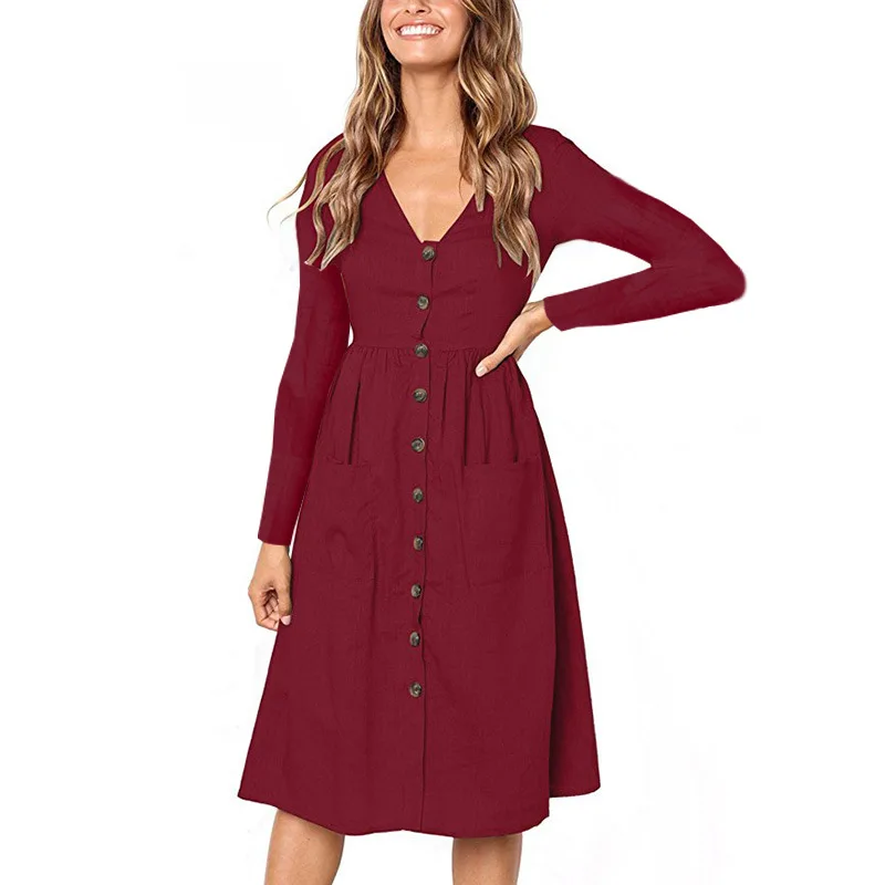 Green Blue A Line Casual Dresses Women Summer Dress 2021Vintage Short Sleeve Robe For Ladies Buttons V Neck Midi Vestidos Female - Image 3