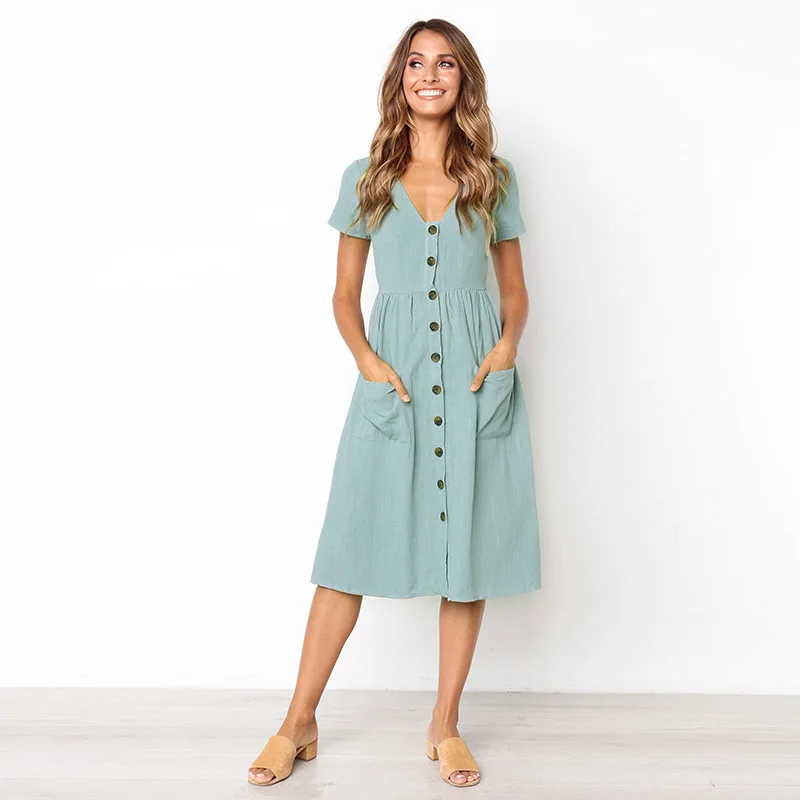 Green Blue A Line Casual Dresses Women Summer Dress 2021Vintage Short Sleeve Robe For Ladies Buttons V Neck Midi Vestidos Female - Image 4