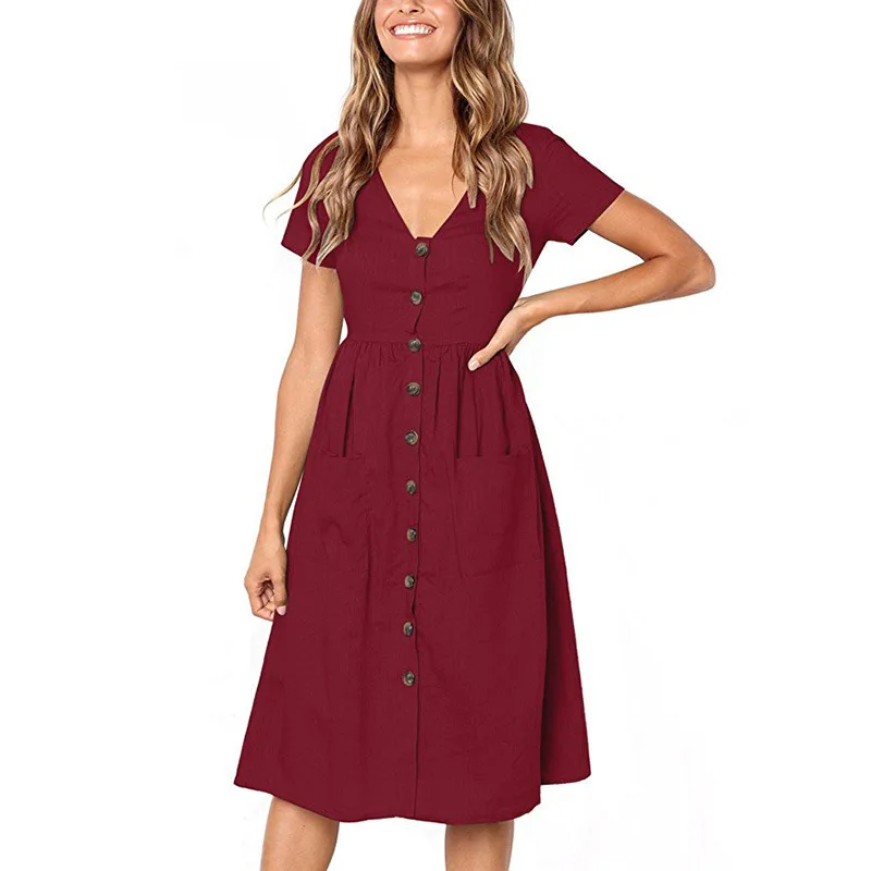 Green Blue A Line Casual Dresses Women Summer Dress 2021Vintage Short Sleeve Robe For Ladies Buttons V Neck Midi Vestidos Female - Image 6