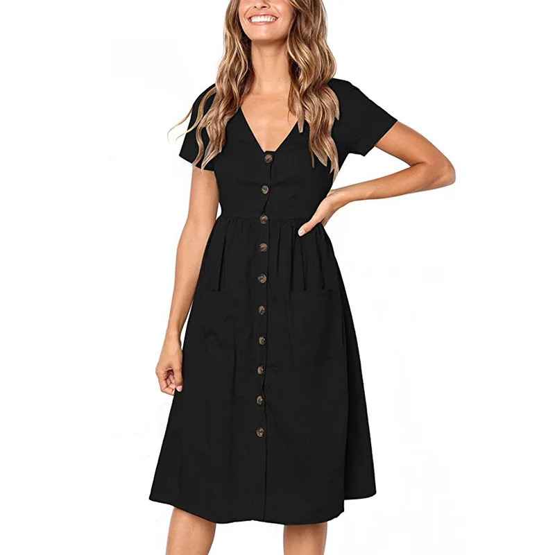 Green Blue A Line Casual Dresses Women Summer Dress 2021Vintage Short Sleeve Robe For Ladies Buttons V Neck Midi Vestidos Female - Image 8
