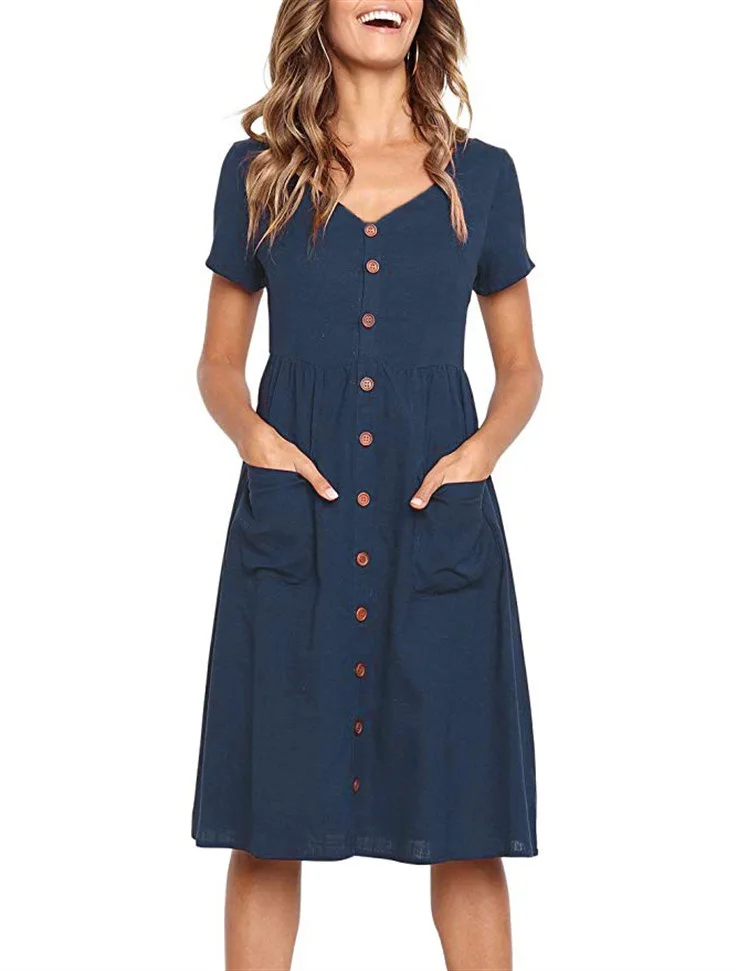 Green Blue A Line Casual Dresses Women Summer Dress 2021Vintage Short Sleeve Robe For Ladies Buttons V Neck Midi Vestidos Female - Image 9