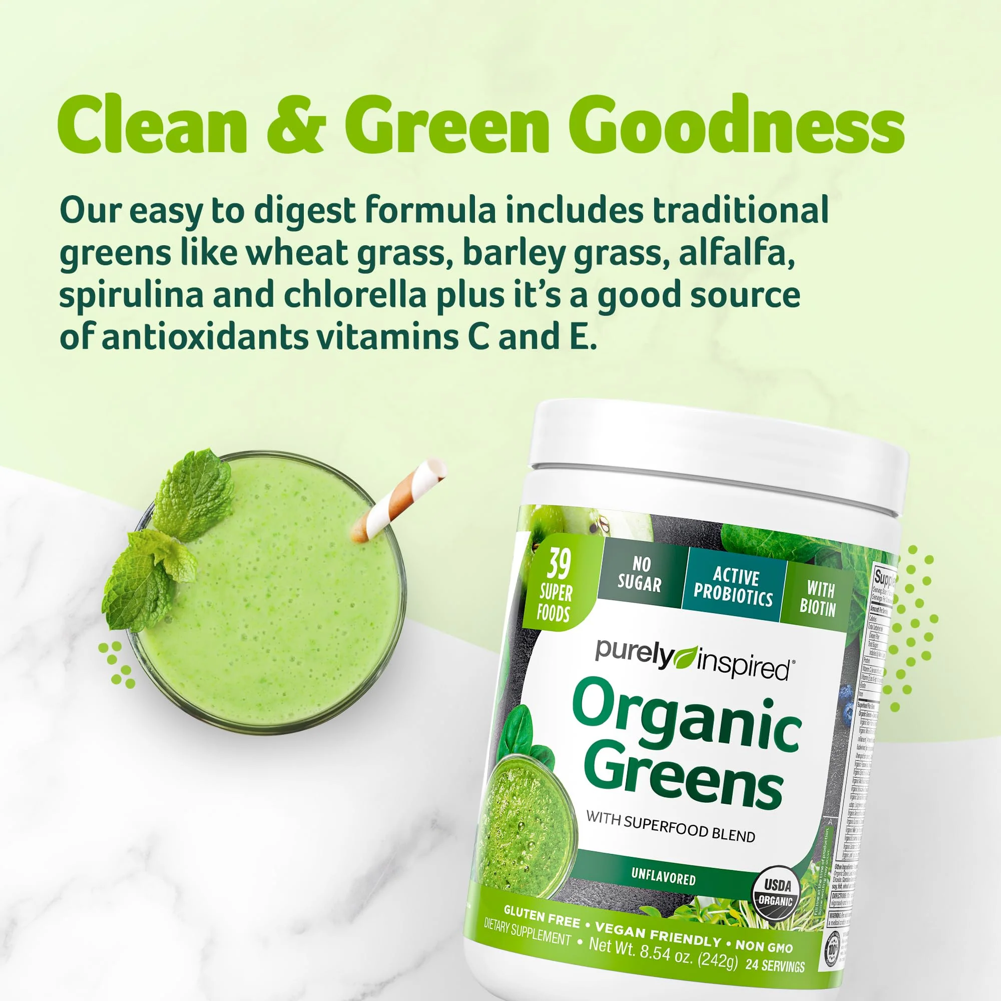 Greens Powder Smoothie Mix Purely Inspired Organic Greens Powder Superfood, Unflavored, 24 Servings (Package May Vary), 8.54 Ounce (Pack of 1) - Image 4