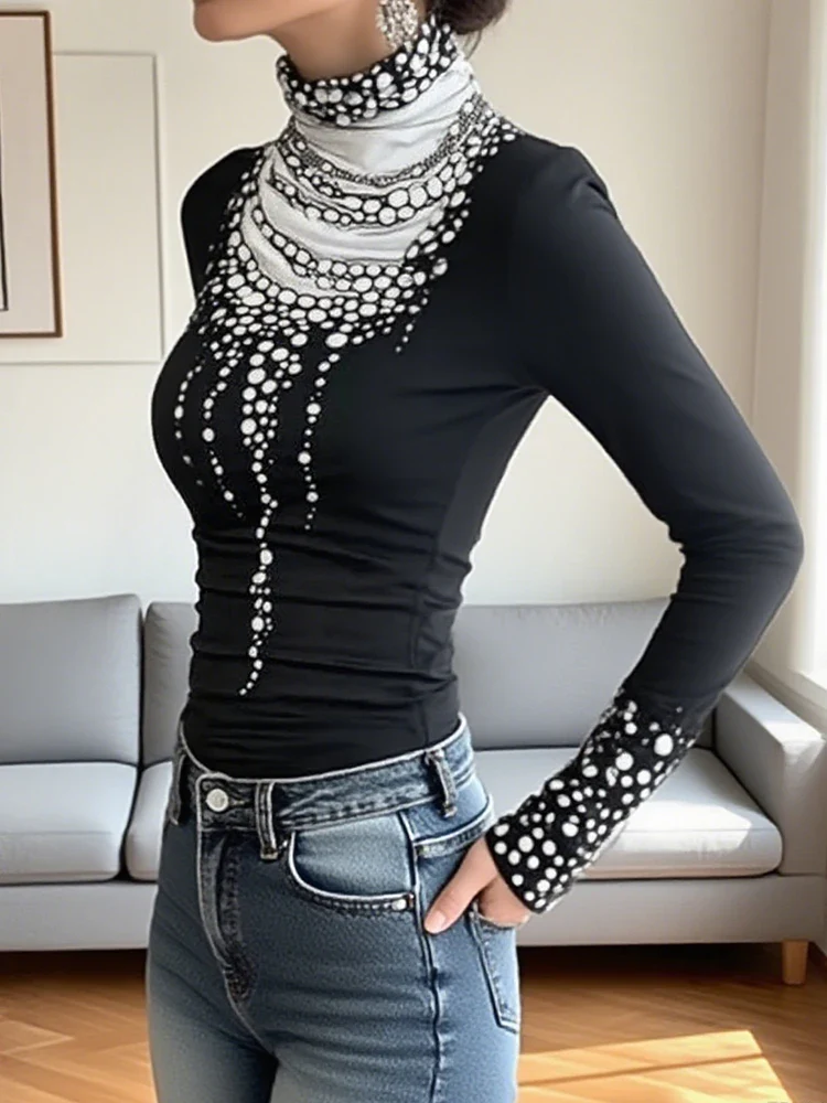 Gymystars Long Sleeve T Shirt Skinny Printed Tops for Women New Autumn High-Neck Slim Fit Clothes Black Wear Base Layer Outside - Image 2