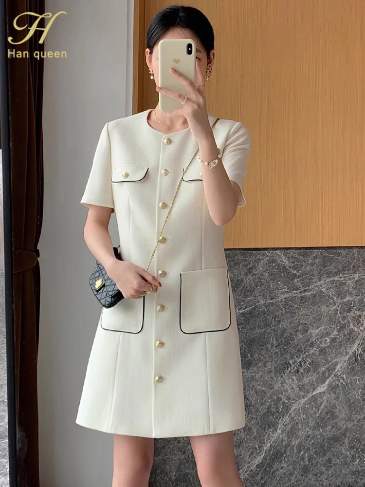 H Han Queen Summer Simple Series Patchwork Pocket A-Line Dress Elegant Fashion Single-Breasted Women Vestido Casual Party Dresse