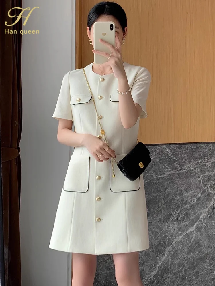 H Han Queen Summer Simple Series Patchwork Pocket A-Line Dress Elegant Fashion Single-Breasted Women Vestido Casual Party Dresse - Image 3