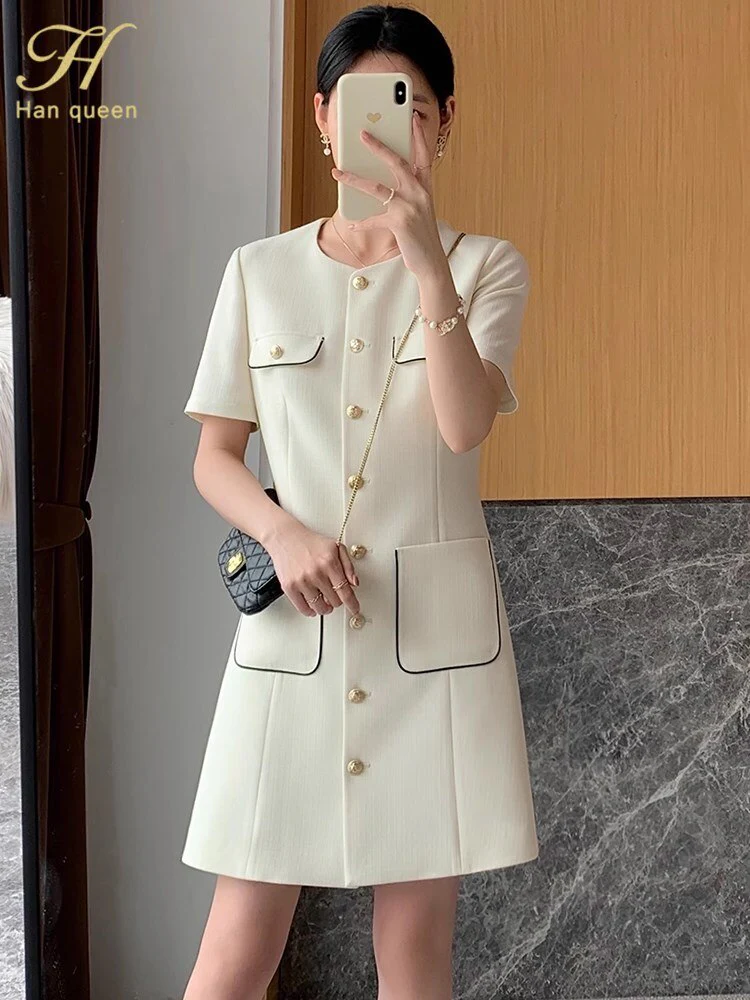 H Han Queen Summer Simple Series Patchwork Pocket A-Line Dress Elegant Fashion Single-Breasted Women Vestido Casual Party Dresse - Image 4