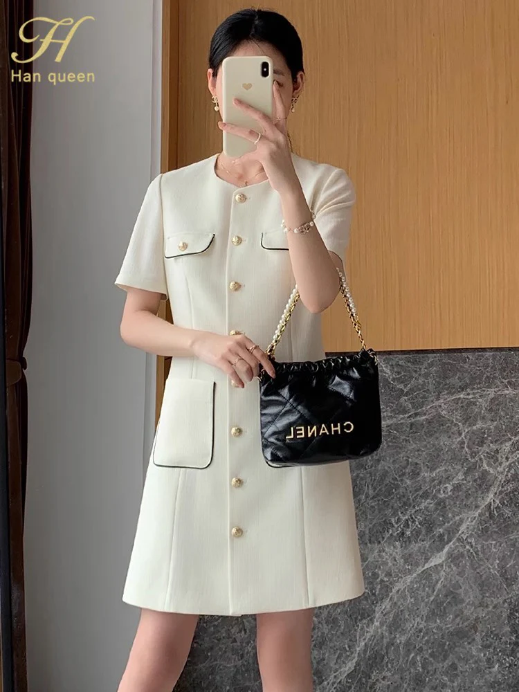 H Han Queen Summer Simple Series Patchwork Pocket A-Line Dress Elegant Fashion Single-Breasted Women Vestido Casual Party Dresse - Image 5