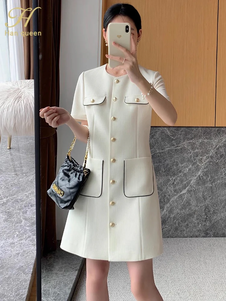 H Han Queen Summer Simple Series Patchwork Pocket A-Line Dress Elegant Fashion Single-Breasted Women Vestido Casual Party Dresse - Image 6