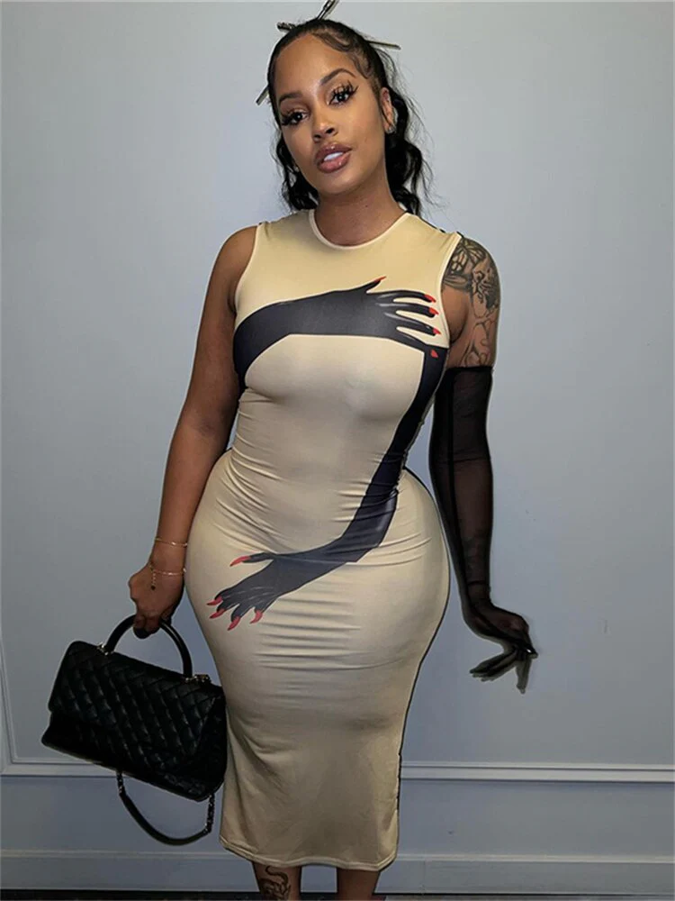 Habbris Summer Sexy Hand Graphic Bodycon Midi Dresses Club Outfit For Women 2023 Sleeveless O Neck Party Long Dress Khaki Dress - Image 2