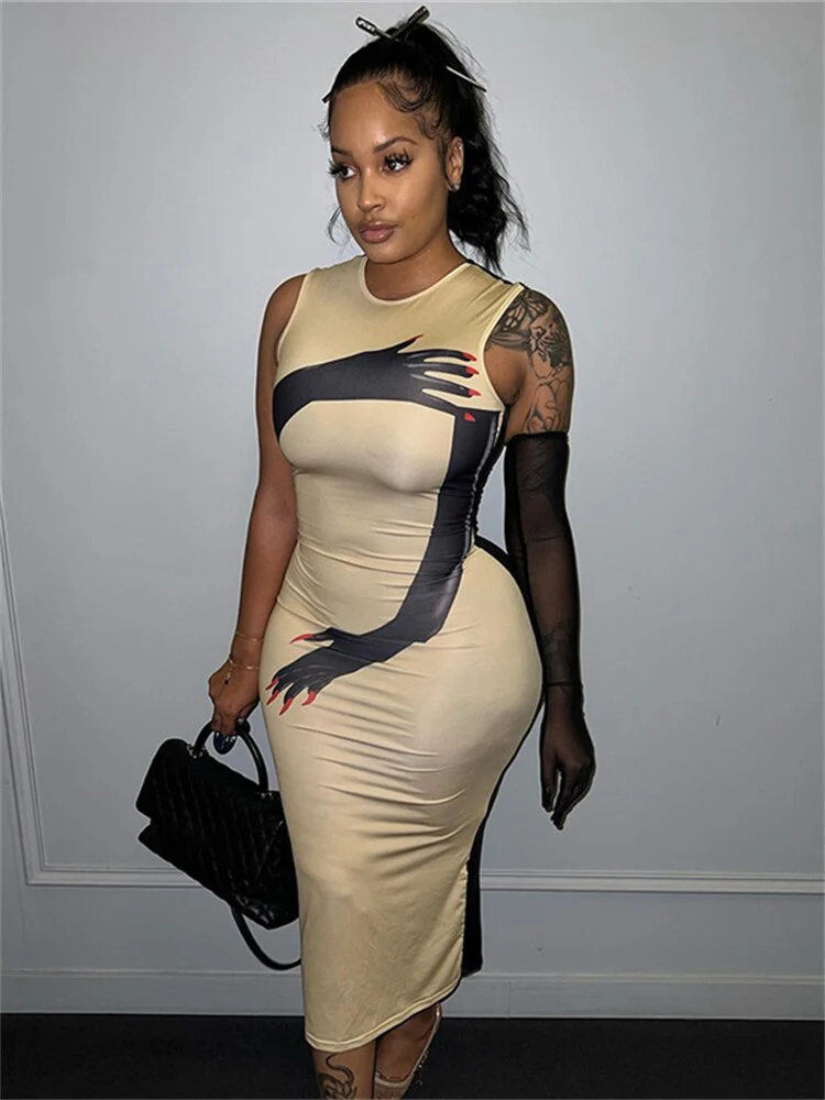 Habbris Summer Sexy Hand Graphic Bodycon Midi Dresses Club Outfit For Women 2023 Sleeveless O Neck Party Long Dress Khaki Dress - Image 3