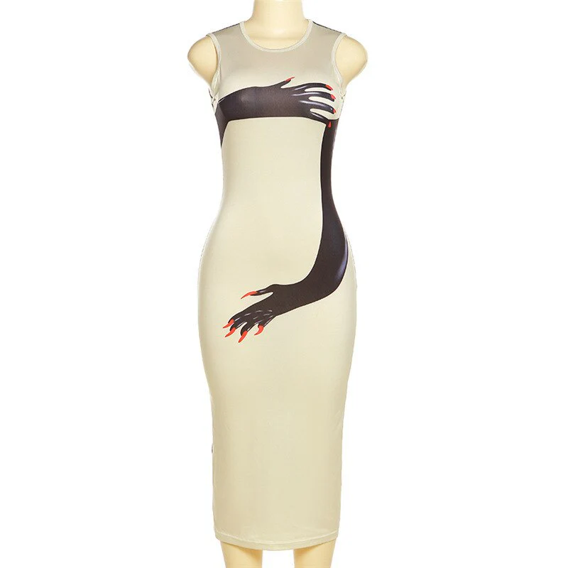 Habbris Summer Sexy Hand Graphic Bodycon Midi Dresses Club Outfit For Women 2023 Sleeveless O Neck Party Long Dress Khaki Dress - Image 5
