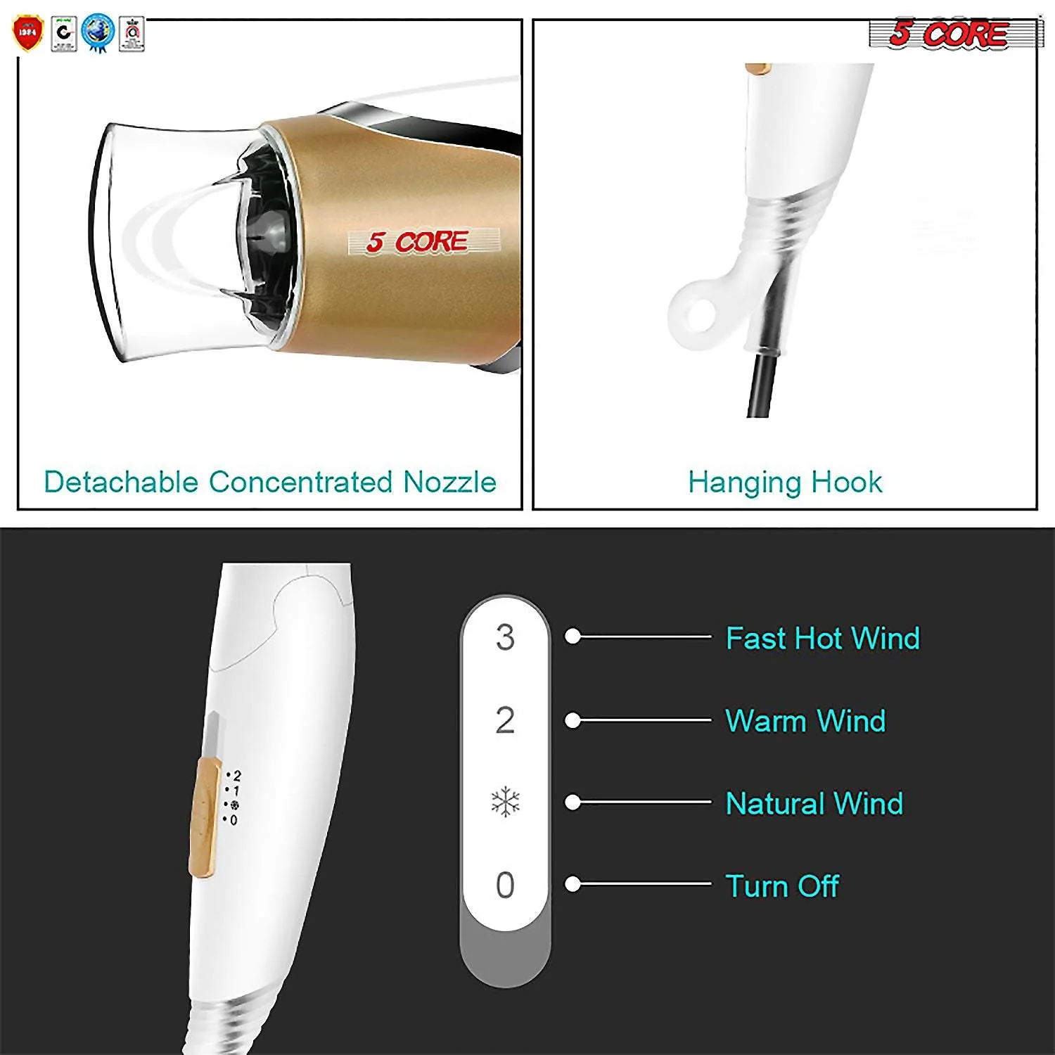 Hair Blow Dryer Lightweight Conditioner Cord Keeper Hair Dryer Ionic Men Women Blower 1875W Ceramic Quiet Styling Pik 5 Core HD F - Image 6