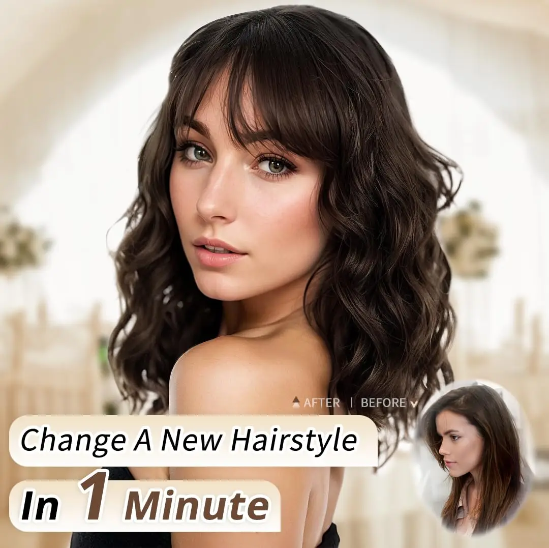 HAIR Natural Brown Synthetic Curly Wavy Bob Wig with Bangs for Women - Image 2