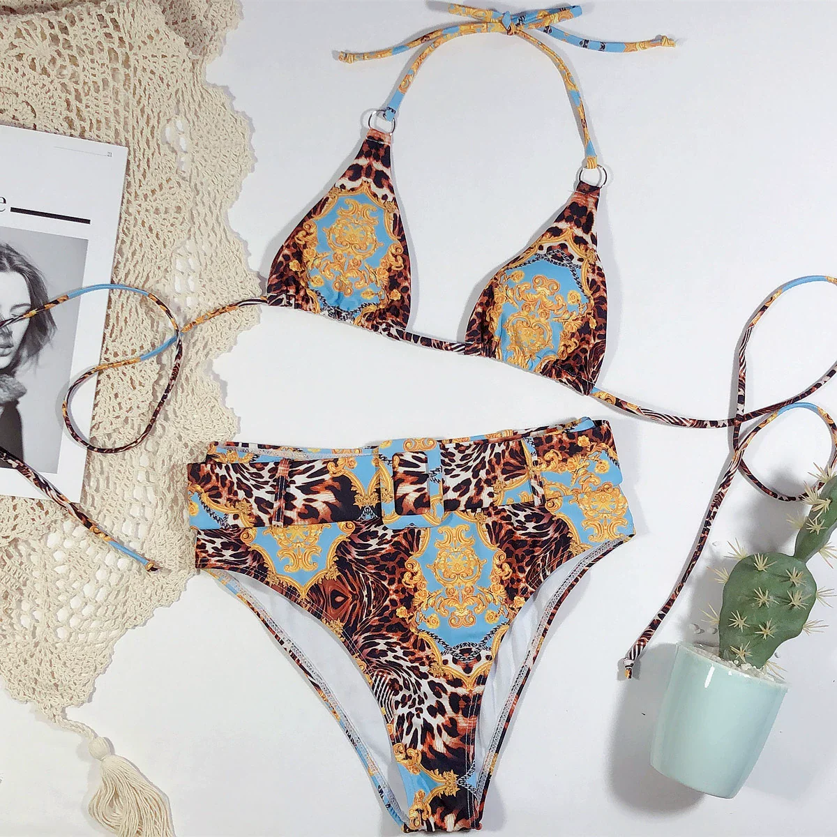 Halter Metal Ring Printed Hollow out Strap Sexy Bikini High Waist Bikini Belt Swimsuit Split Swimsuit - Image 5