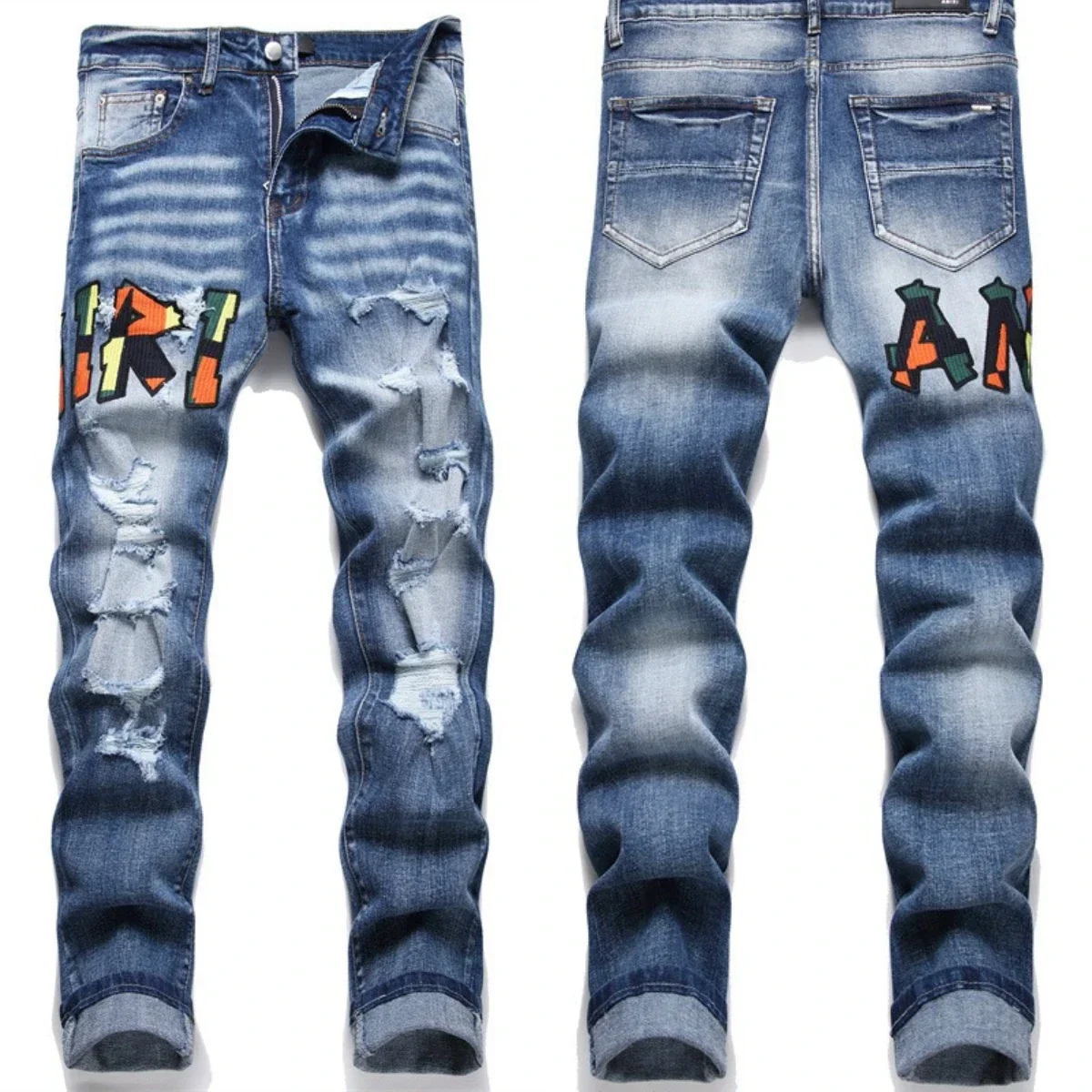 Hand Embroidered Jeans Men National Style Pattern Personality Cotton High Elastic Slim Trousers 3D High Street Wash Hole Skull 4 - Image 4