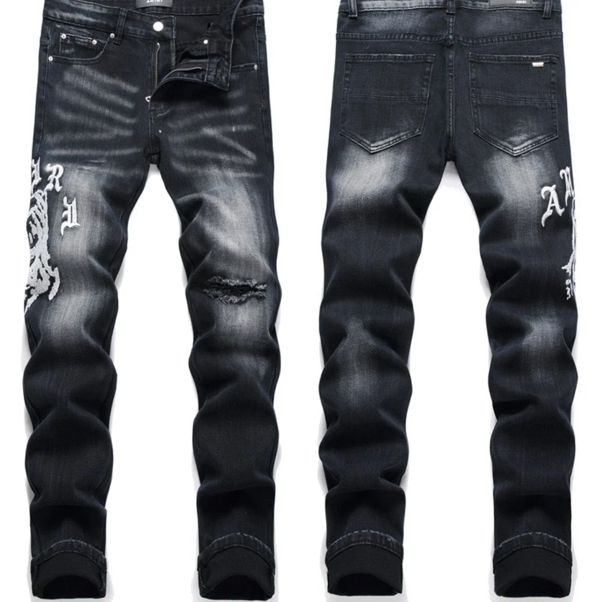 Hand Embroidered Jeans Men National Style Pattern Personality Cotton High Elastic Slim Trousers 3D High Street Wash Hole Skull 4 - Image 7