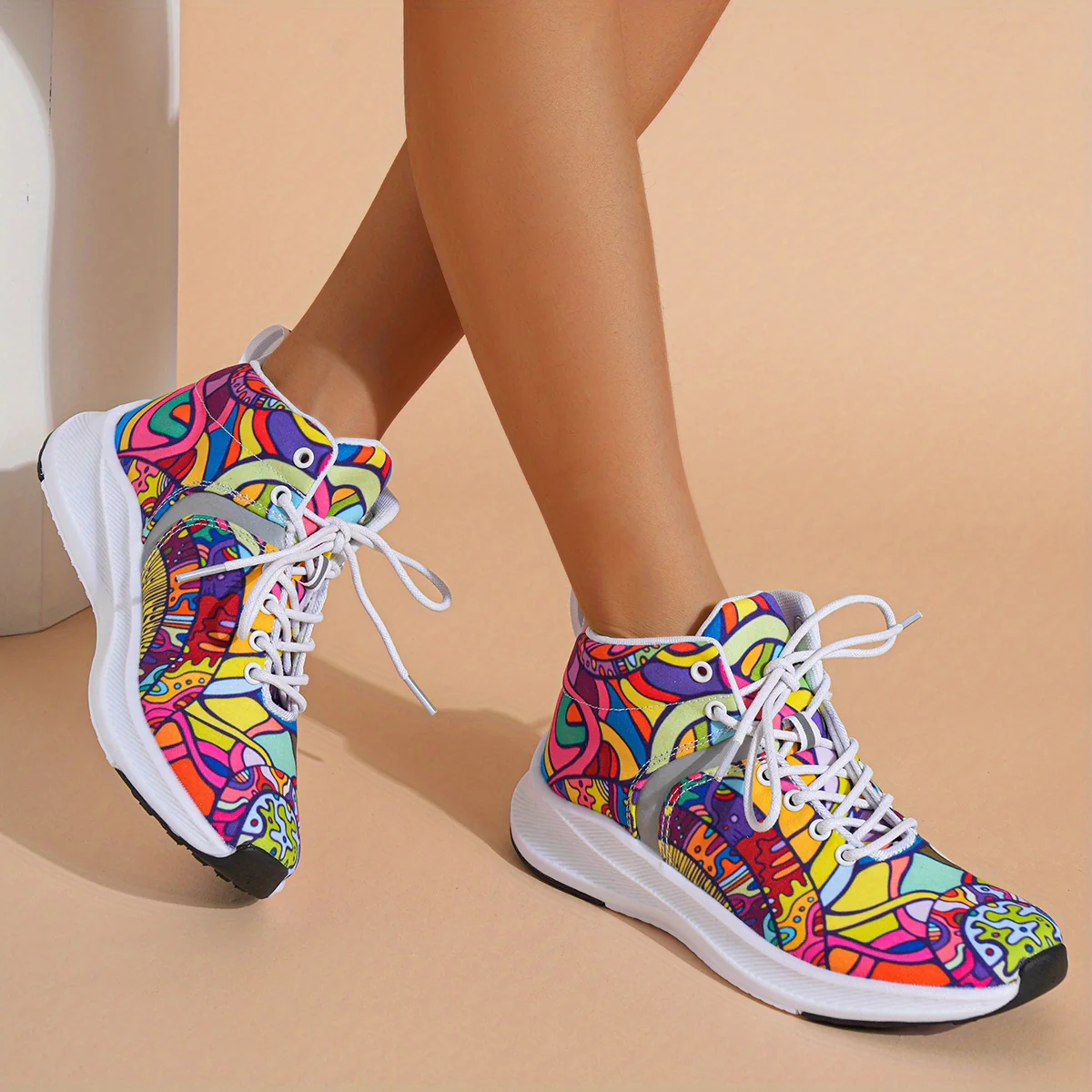 Hand-Painted Cartoon Print Women's Reflective Lace-Up High-Top Sneakers - Lightweight Winter-Ready Casual Shoes with Soft Fabric Upper & EVA/Rubber Sole for North American & Mexican Fashion - Image 10