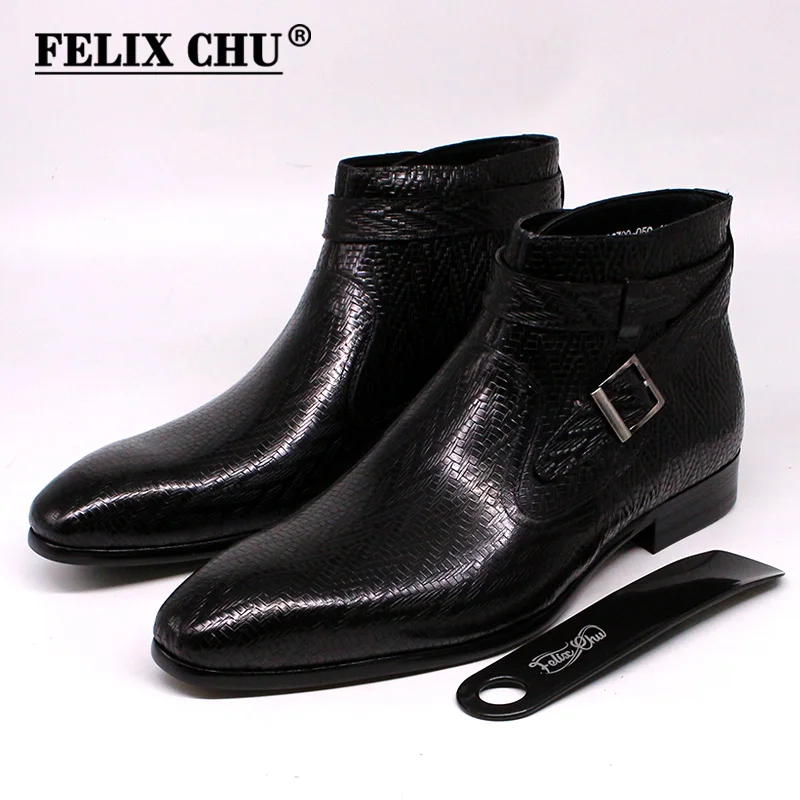 Handmade Men Ankle Boots Felix Chu Genuine Leather Mens Motorcycle Boots Black Red Buckle Strap High Top Dress Shoes for Men - Image 9