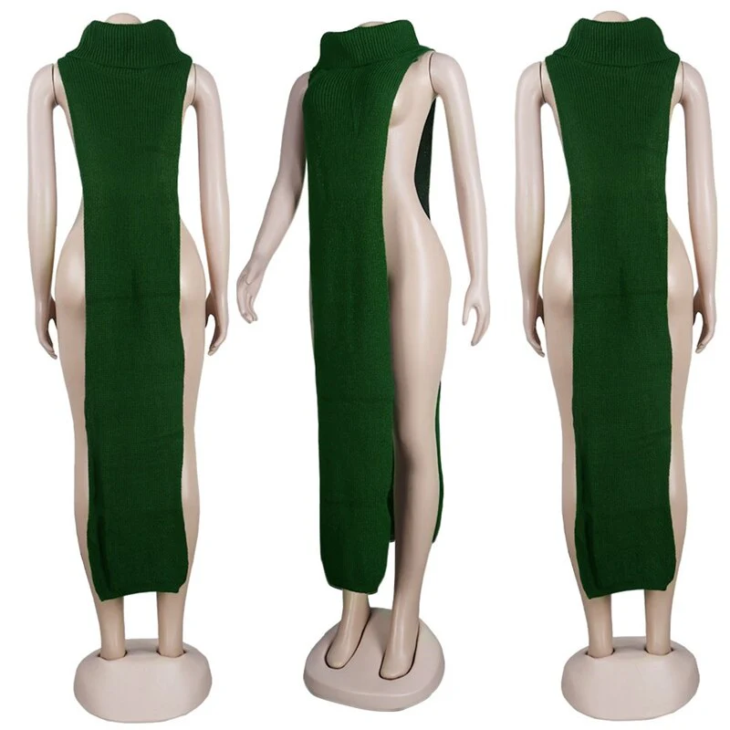 Sexy Knitted Side Split Sweater Dress Sleeveless Spring Clothes - Image 4