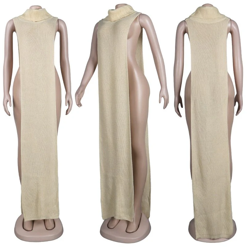 Sexy Knitted Side Split Sweater Dress Sleeveless Spring Clothes - Image 8