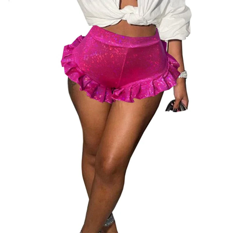 HAOYUAN Sexy Laser Print Bright Booty Shorts Ruffles Women High Wasit Outfits Y2k Clothing Night Clubwear Festival Ladies Shorts - Image 4