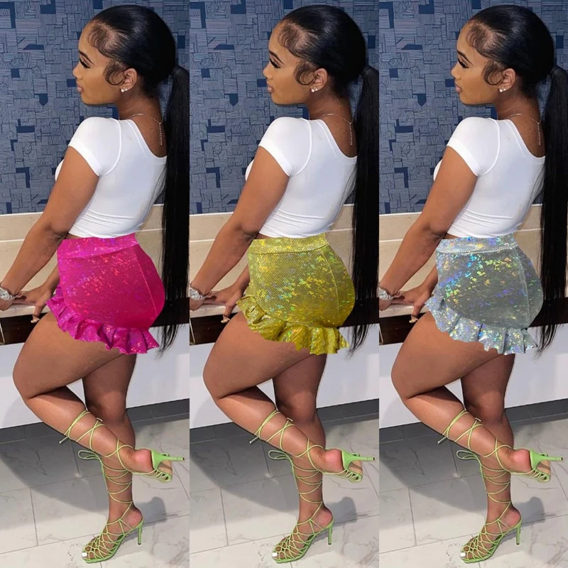 HAOYUAN Sexy Laser Print Bright Booty Shorts Ruffles Women High Wasit Outfits Y2k Clothing Night Clubwear Festival Ladies Shorts - Image 5