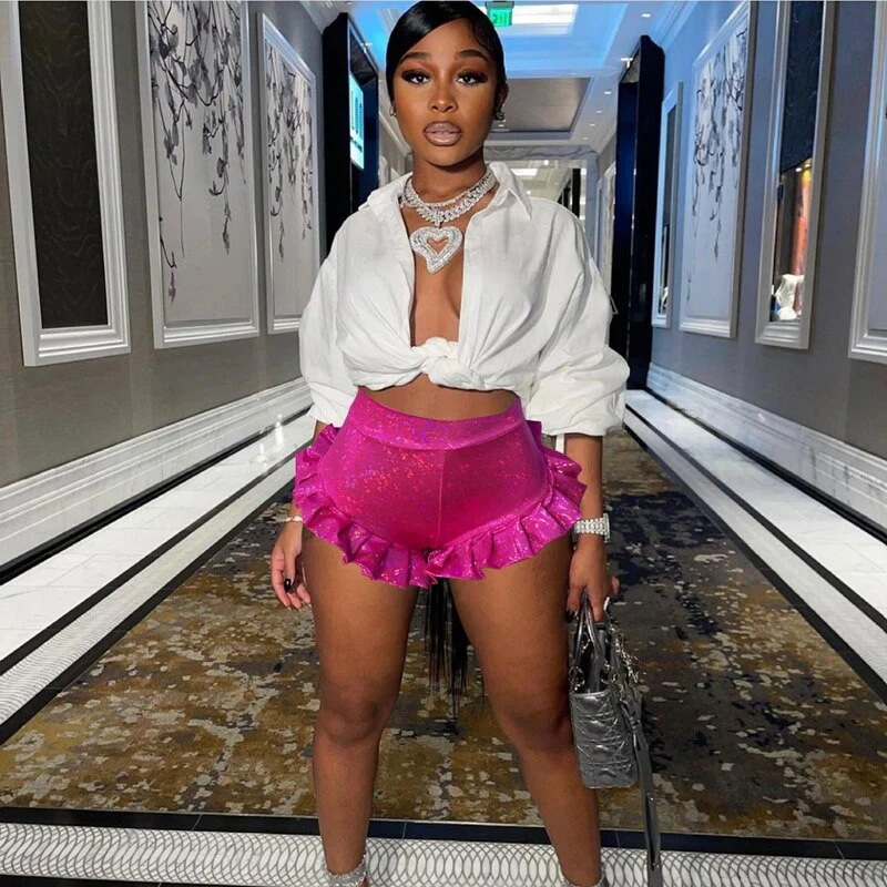 HAOYUAN Sexy Laser Print Bright Booty Shorts Ruffles Women High Wasit Outfits Y2k Clothing Night Clubwear Festival Ladies Shorts - Image 6