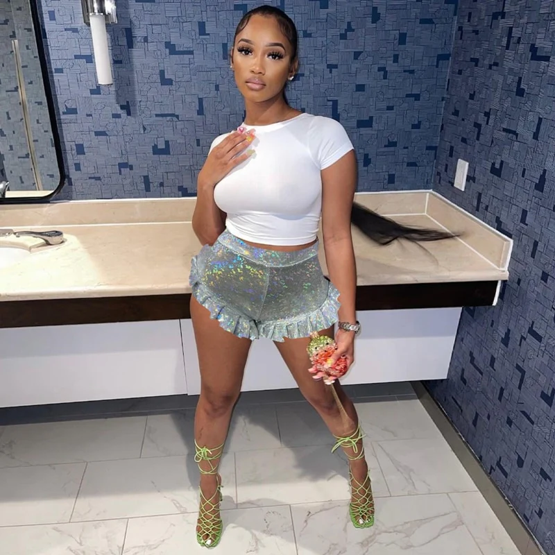 HAOYUAN Sexy Laser Print Bright Booty Shorts Ruffles Women High Wasit Outfits Y2k Clothing Night Clubwear Festival Ladies Shorts - Image 9