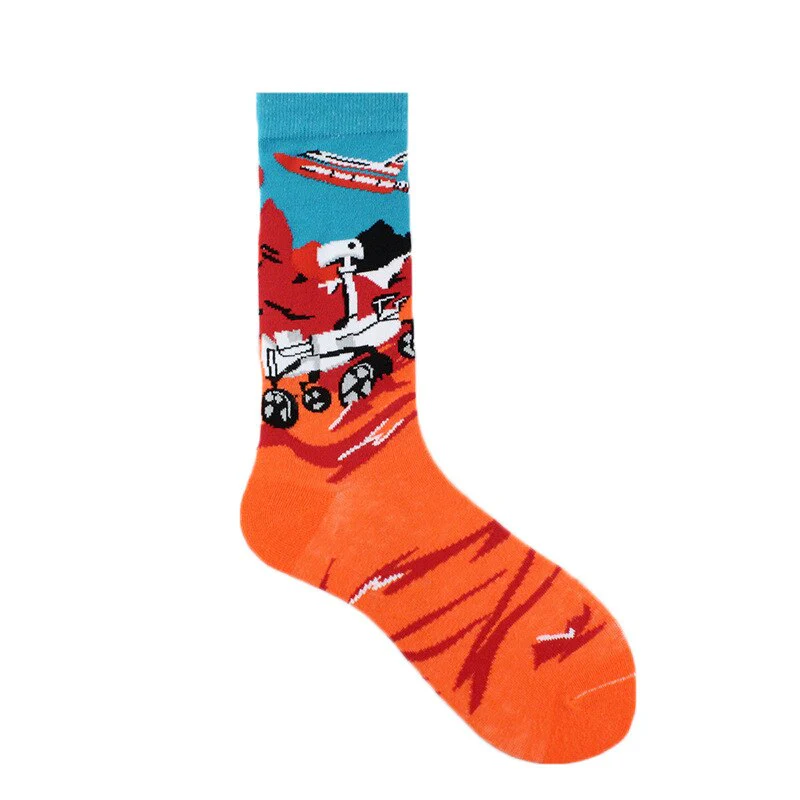Happy Funny Unisex Painting UFO Astronaut Outer Space Rocket Star War Men Crew Socks Streetwear Cotton Male Skateboard Dress - Image 29