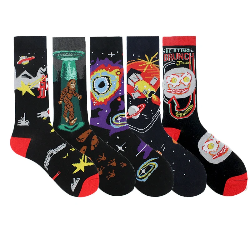 Happy Funny Unisex Painting UFO Astronaut Outer Space Rocket Star War Men Crew Socks Streetwear Cotton Male Skateboard Dress - Image 33