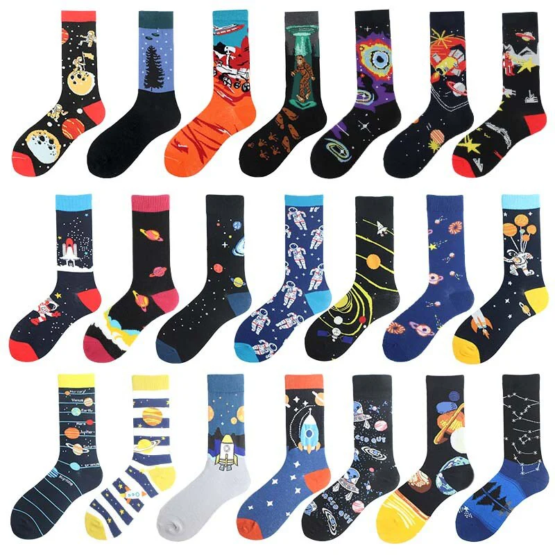 Happy Funny Unisex Painting UFO Astronaut Outer Space Rocket Star War Men Crew Socks Streetwear Cotton Male Skateboard Dress - Image 34