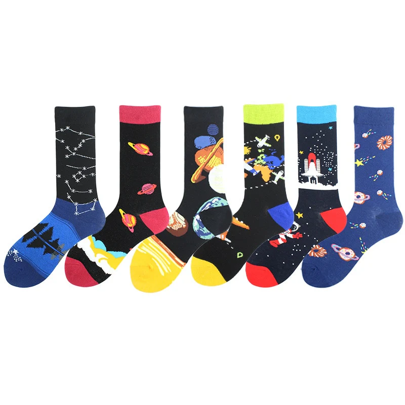 Happy Funny Unisex Painting UFO Astronaut Outer Space Rocket Star War Men Crew Socks Streetwear Cotton Male Skateboard Dress - Image 35