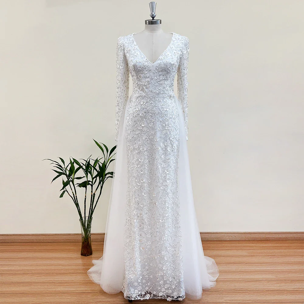 Haute Couture Elegant  3D Flowers Champagne Dubai Mermaid Evening Night Dress for Women V Neck Long Sleeves Formal Prom - Image 3