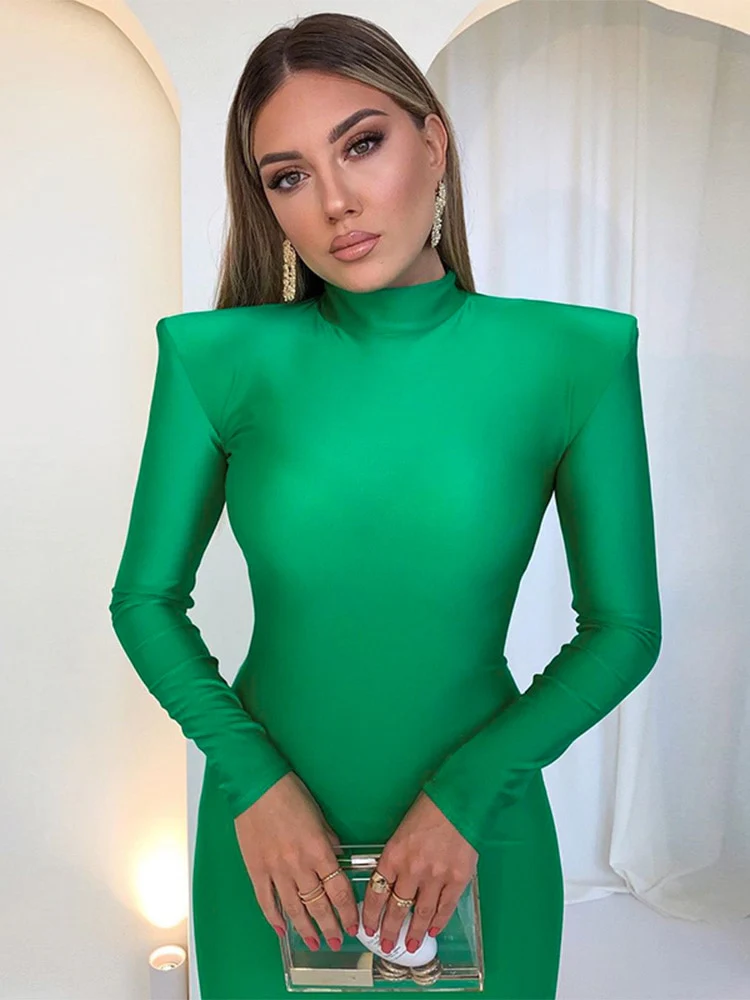 Hawthaw Shoulder Padded Long Sleeve Bodycon Green Party Club Maxi Long Dress 2022 Spring Autumn Women Fashion Elegant  Clothes - Image 2