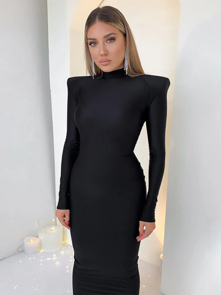 Hawthaw Shoulder Padded Long Sleeve Bodycon Green Party Club Maxi Long Dress 2022 Spring Autumn Women Fashion Elegant  Clothes - Image 3