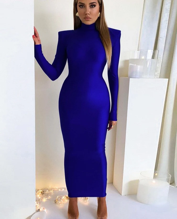 Hawthaw Shoulder Padded Long Sleeve Bodycon Green Party Club Maxi Long Dress 2022 Spring Autumn Women Fashion Elegant  Clothes - Image 8