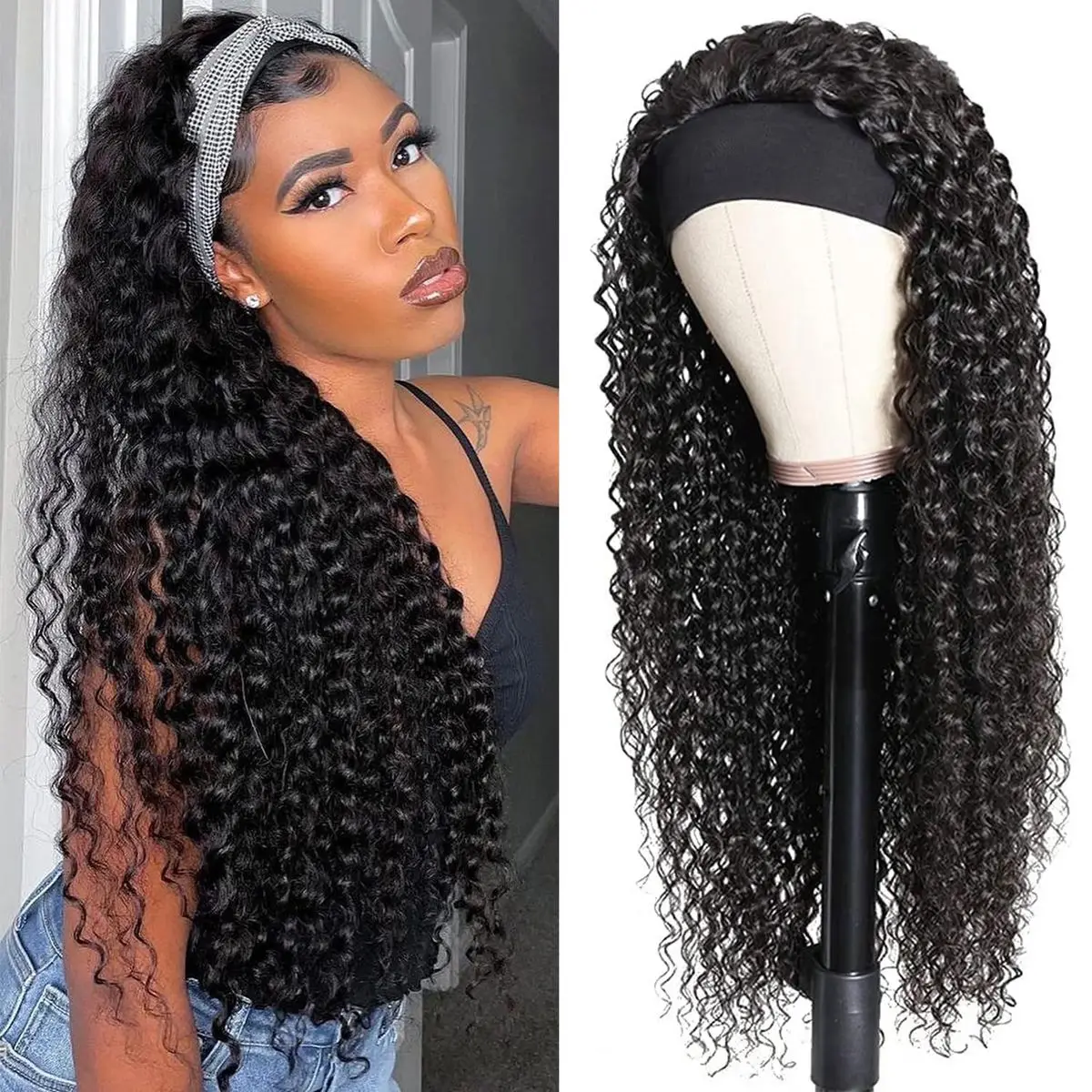 Headband Human Hair Wig No Glue Brazilian Human Hair Wig 180% Density Deep Curly Headband Wig for Women Human Hair Wig - Image 2