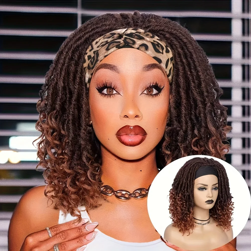 Headband Wig Headband Dreadlock Curly Hair Synthetic Wig Locs Crochet Hair Dark Brown/ Black/ 99J Ginger Color Crochet Twist Braids Hair Wigs Afro Curly Synthetic Hair Braiding Wig African Hairstyle For Women